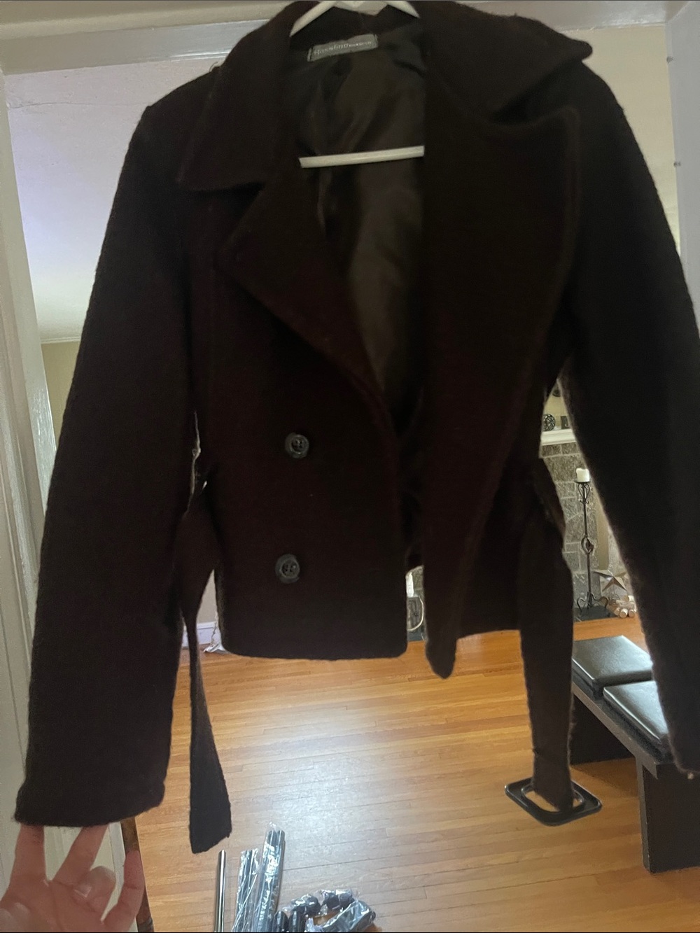 Wool Blend Double-Breasted Pea Coat Jacket - Dark Brown